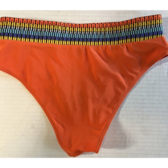 Women’s Small 2-piece Swimsuit Bikini Orange Multi-Colored Band High Waist Retro - Picture 5 of 6